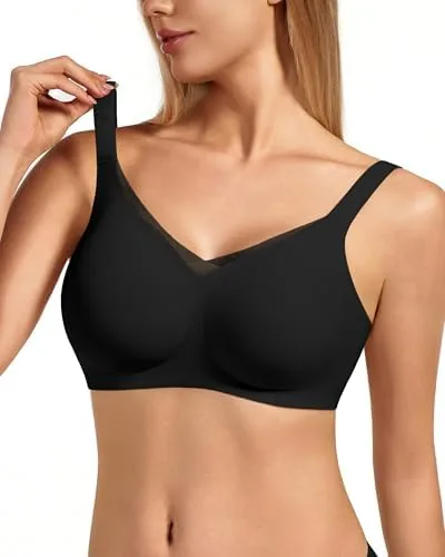 vqj womens full coverage jelly comfort support wireless bra with breathable v mesh no underwire push up bralette seamless everyday t shirt bra black s