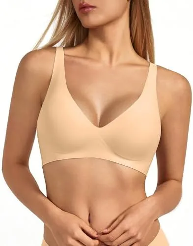 vqj womens wireless bra ultra soft deep v plunge jelly push up seamless comfort bralette with light support no underwire everyday t shirt bra nude xl